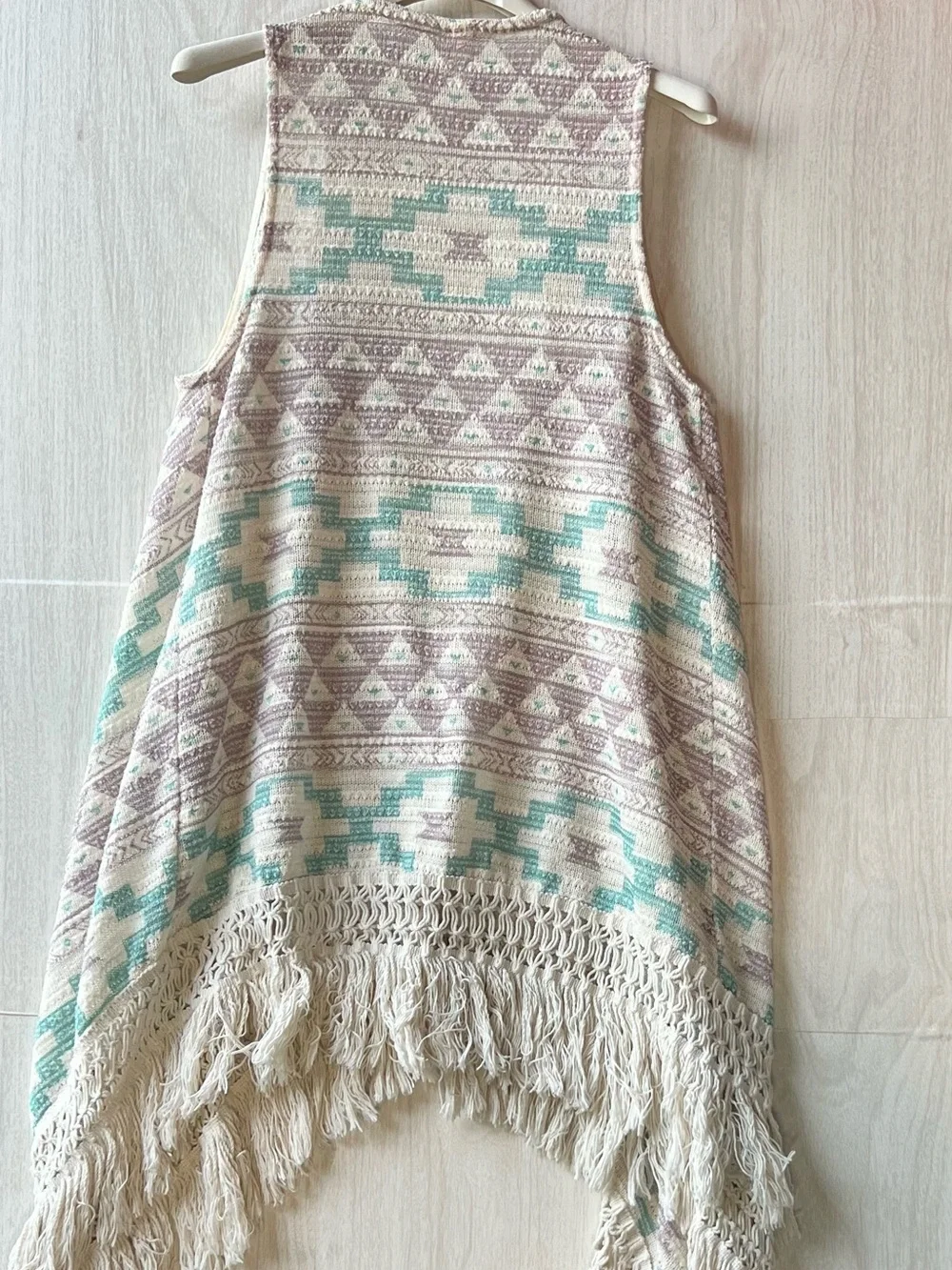 Xhilaration Cream Knit Fringe Vest with Aqua & Taupe Pattern